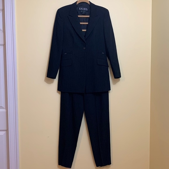 Escada Margaretha Ley Black 2 Piece Striped Wool Pants/Jacket Suit EU 38 US 6/8 - Picture 1 of 17